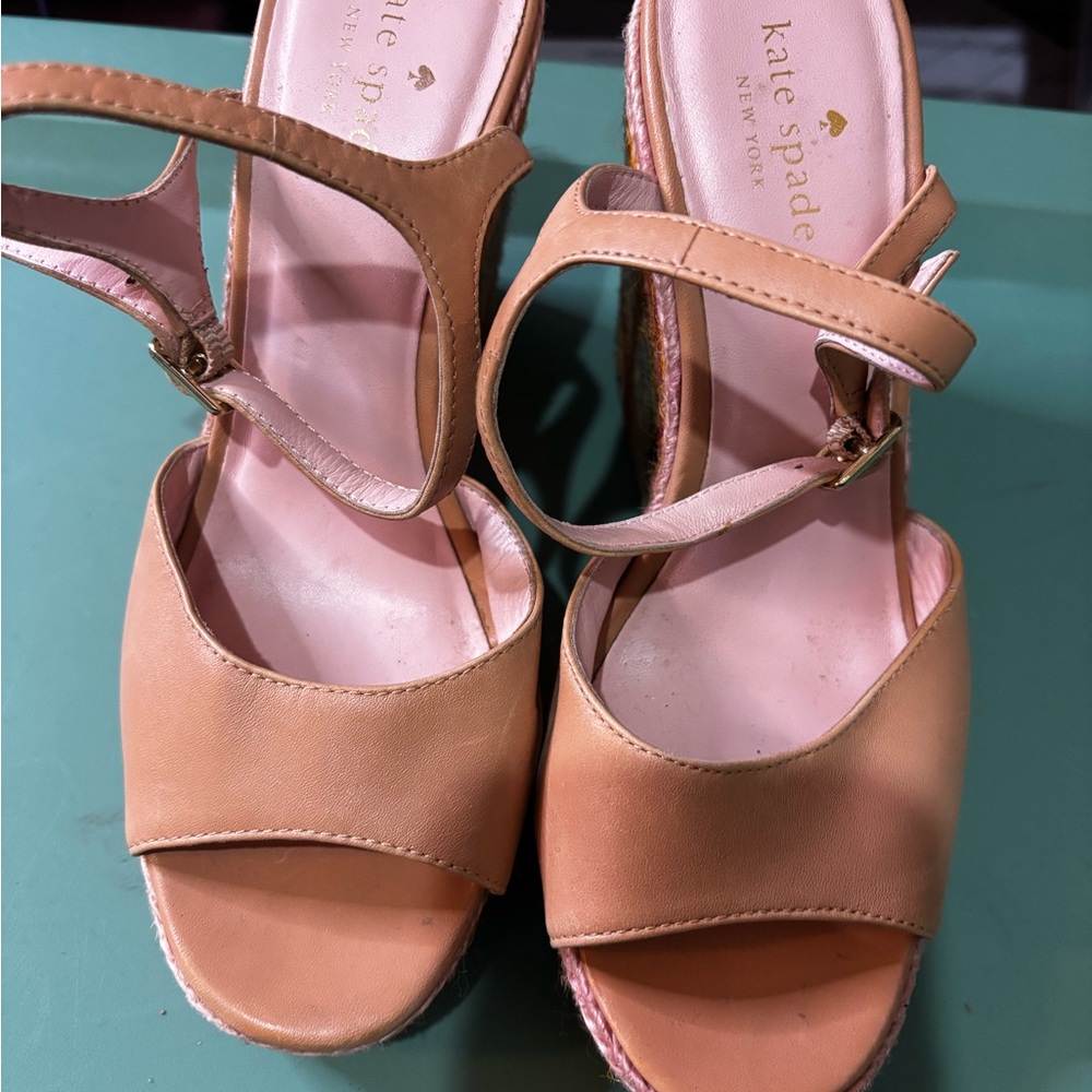 kate spade Tan Leather Espadrille Wedge Sandals